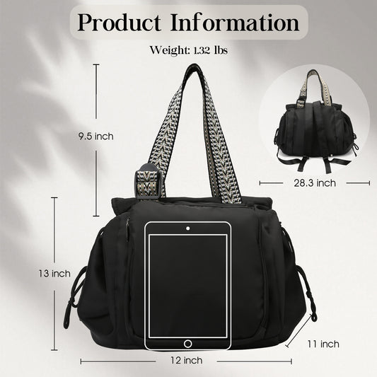 Black handbag with measurements and product information on a light gray background