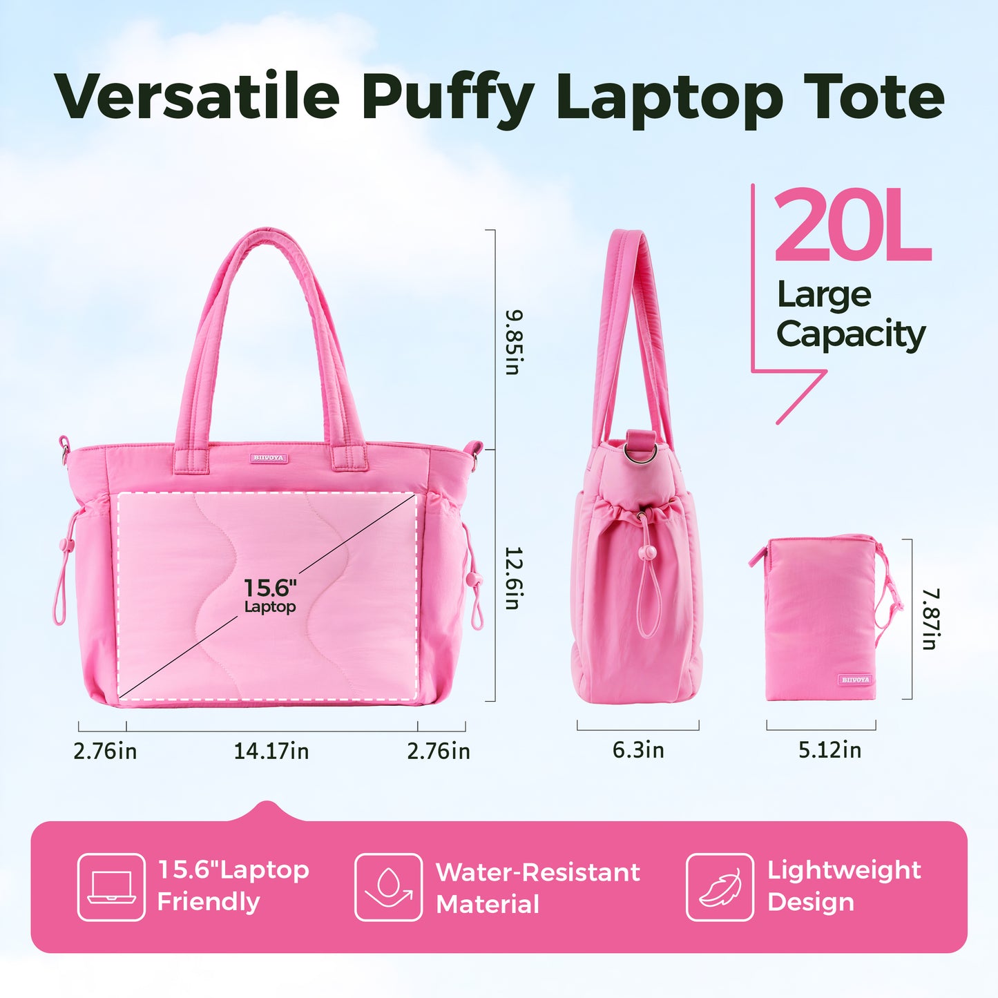 CloudLite™ Laptop Puffy Tote for Women - Mauve Pink