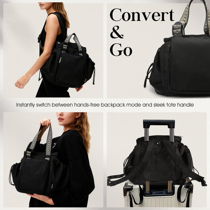 Black convertible backpack and tote bag with text 'Convert & Go' on a light gray background.