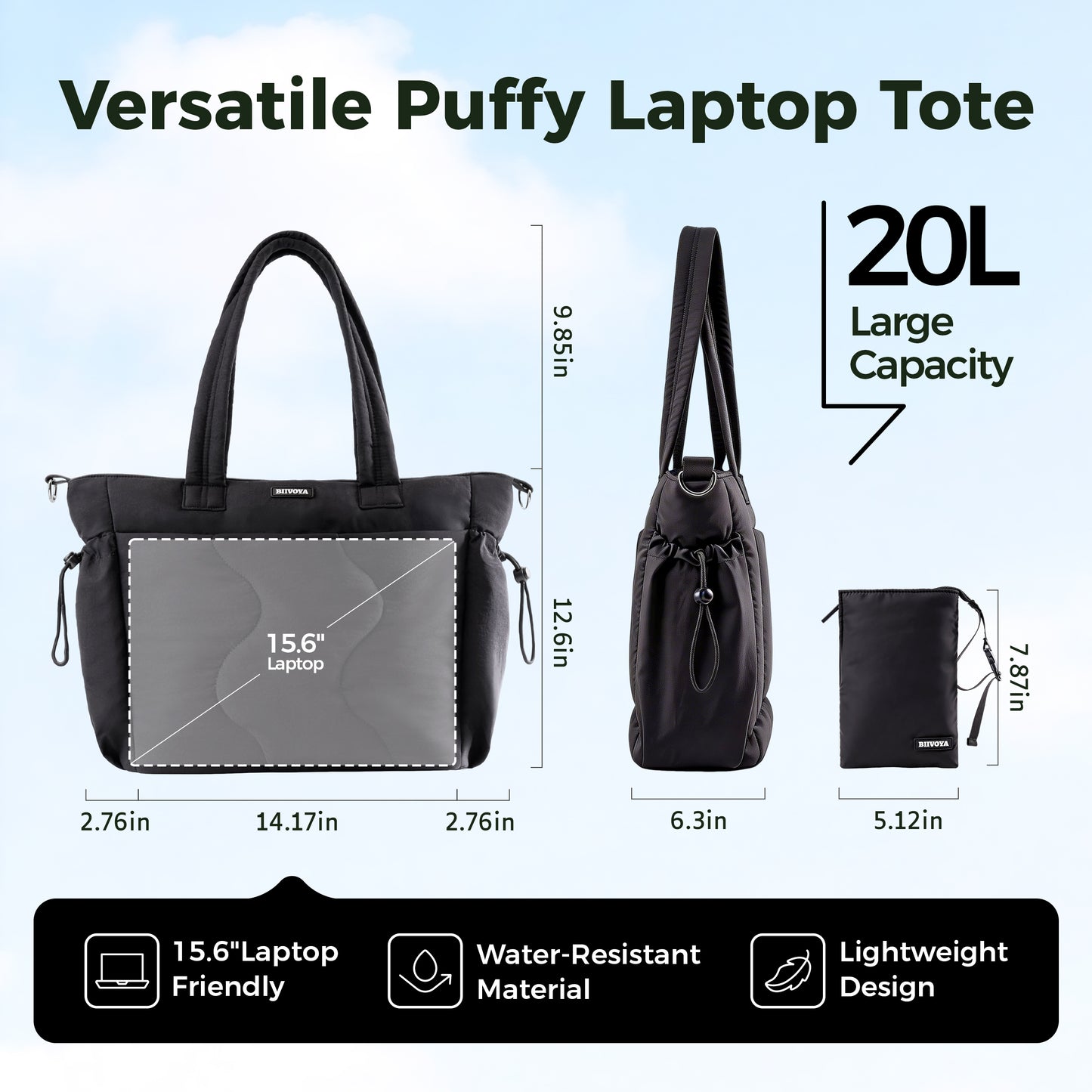 CloudLite™ Laptop Puffy Tote for Women - Midnight Black