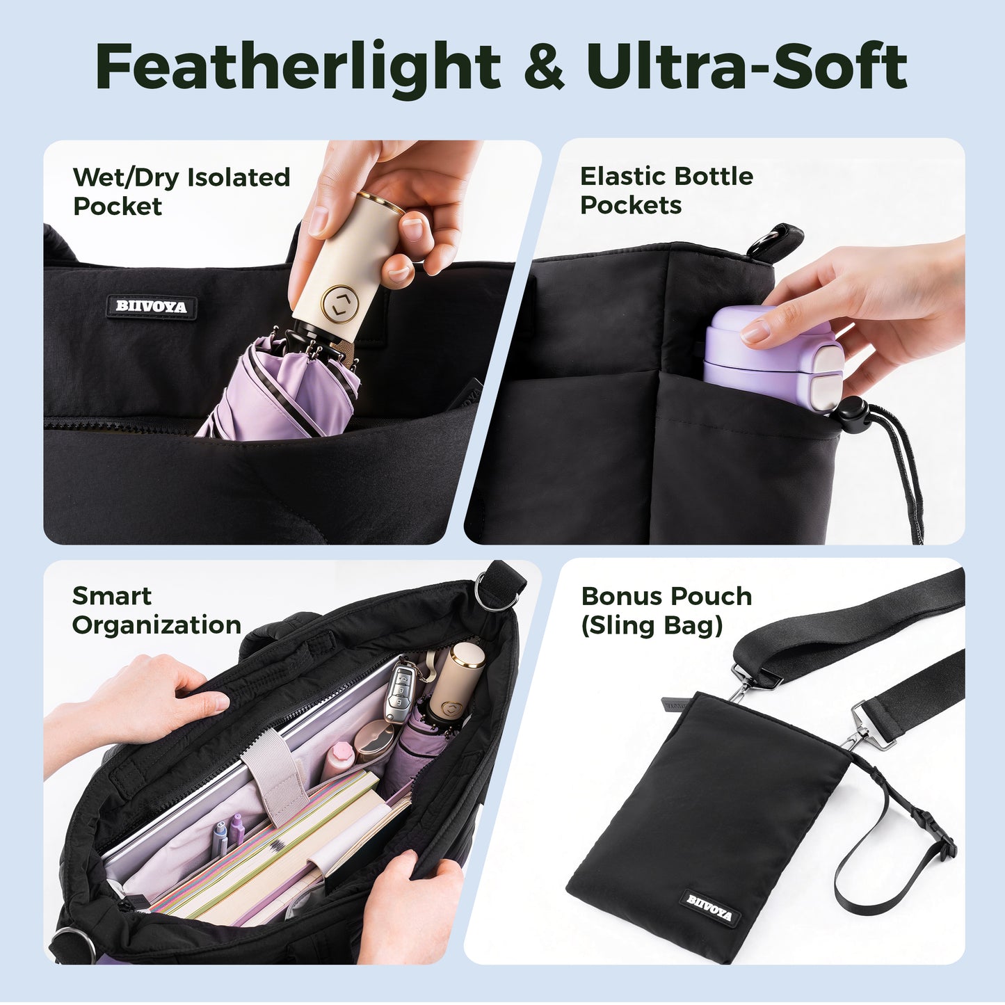 CloudLite™ Laptop Puffy Tote for Women - Midnight Black