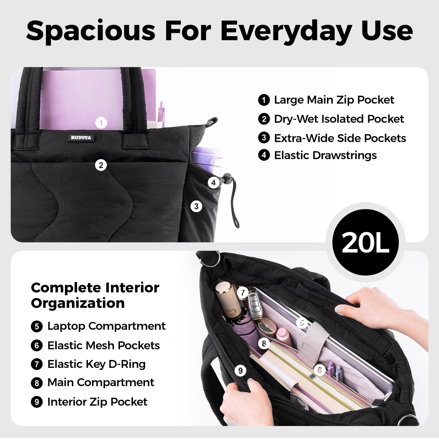 CloudLite™ Laptop Puffy Tote for Women - Midnight Black