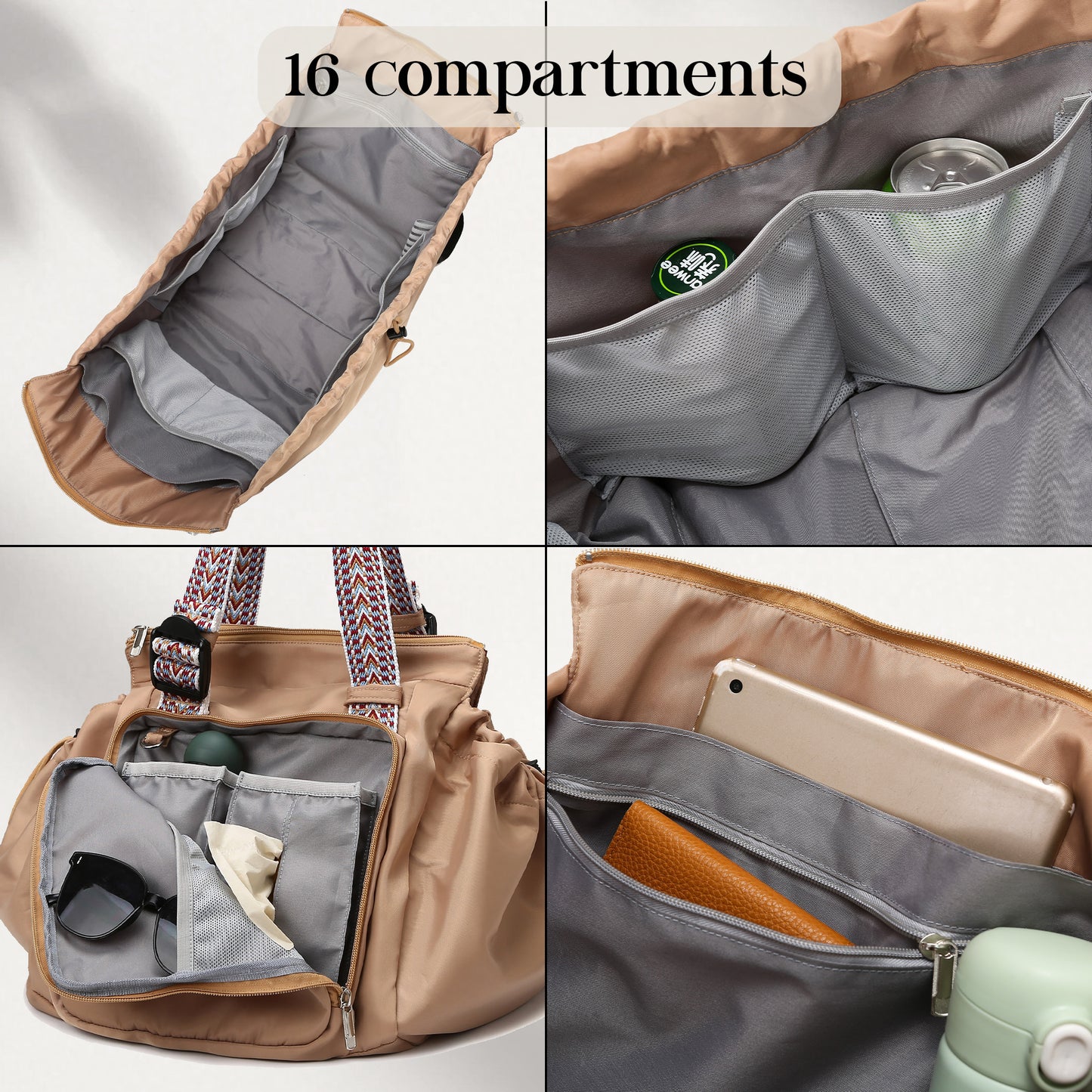 Multifunctional bag with various compartments and items inside.