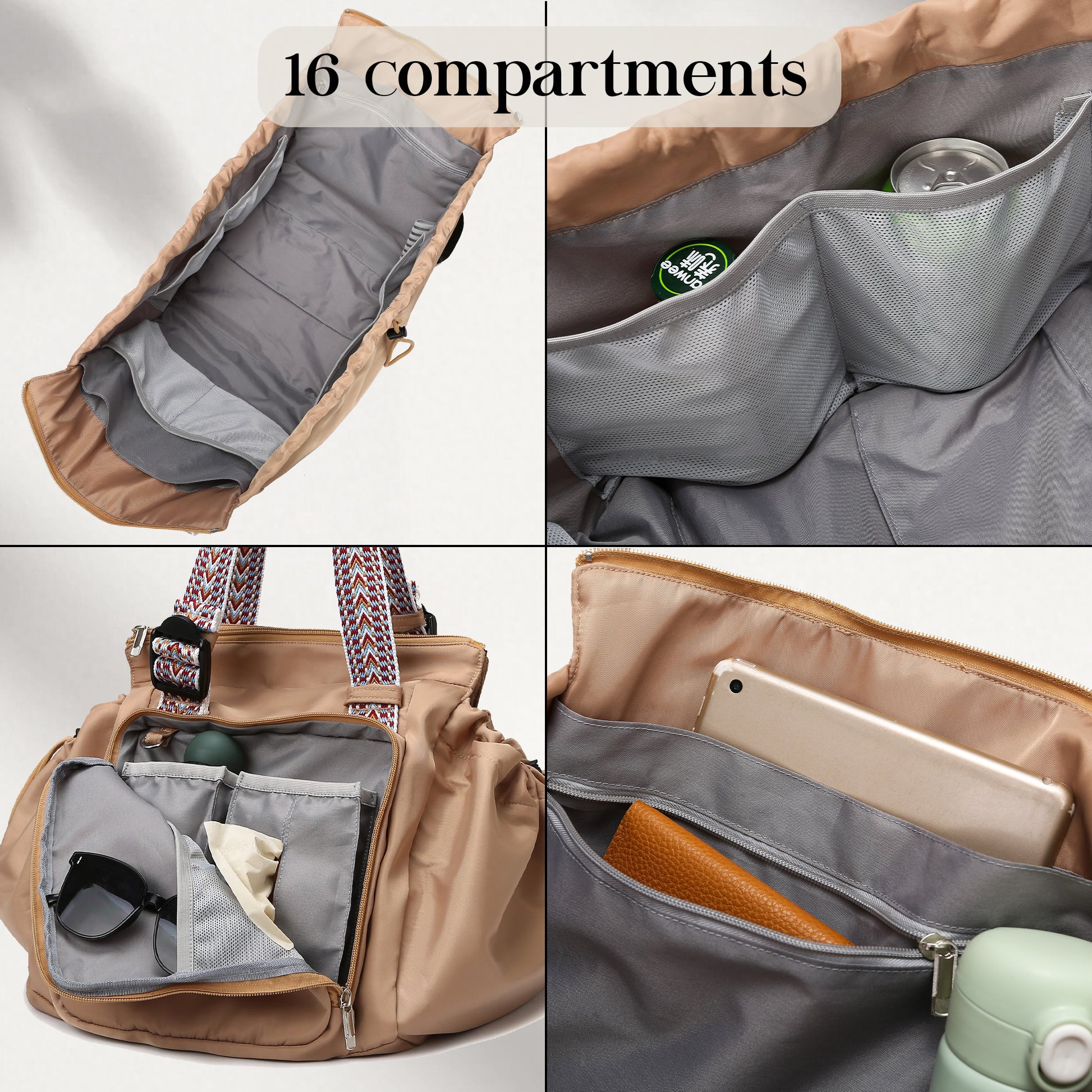 Multifunctional bag with various compartments and items inside.