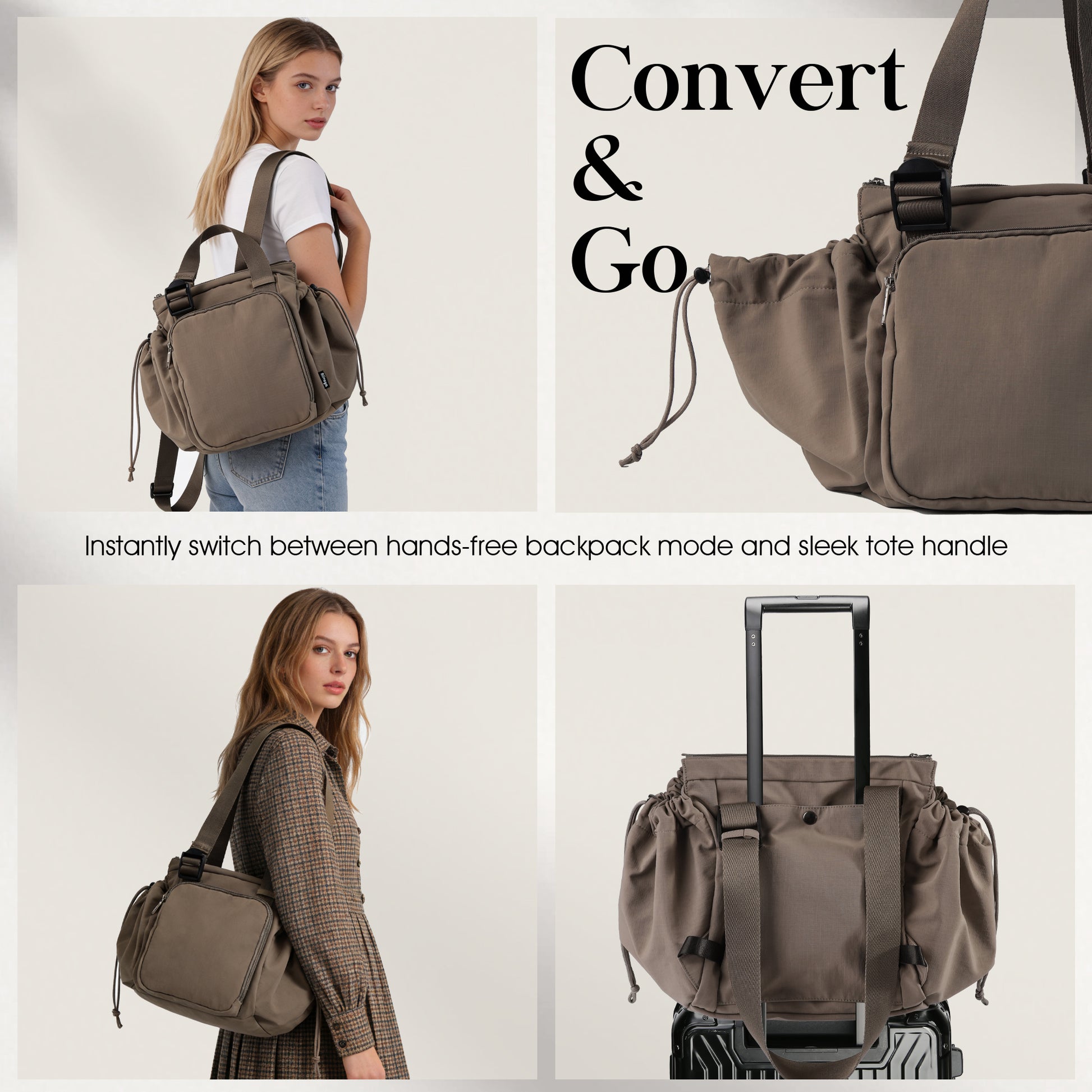 Collage of a convertible backpack and tote bag with text highlighting its features.