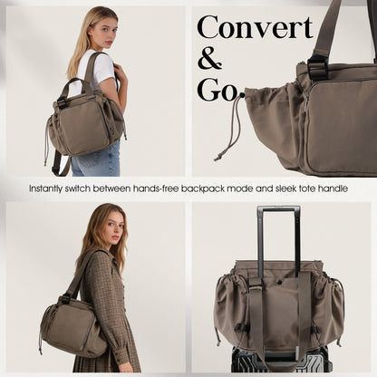 Collage of a convertible backpack and tote bag with text highlighting its features.