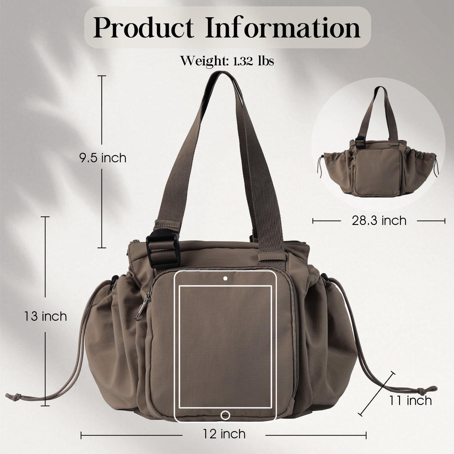 Brown handbag with measurements and product information on a gray background