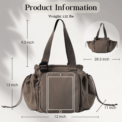 Brown handbag with measurements and product information on a gray background