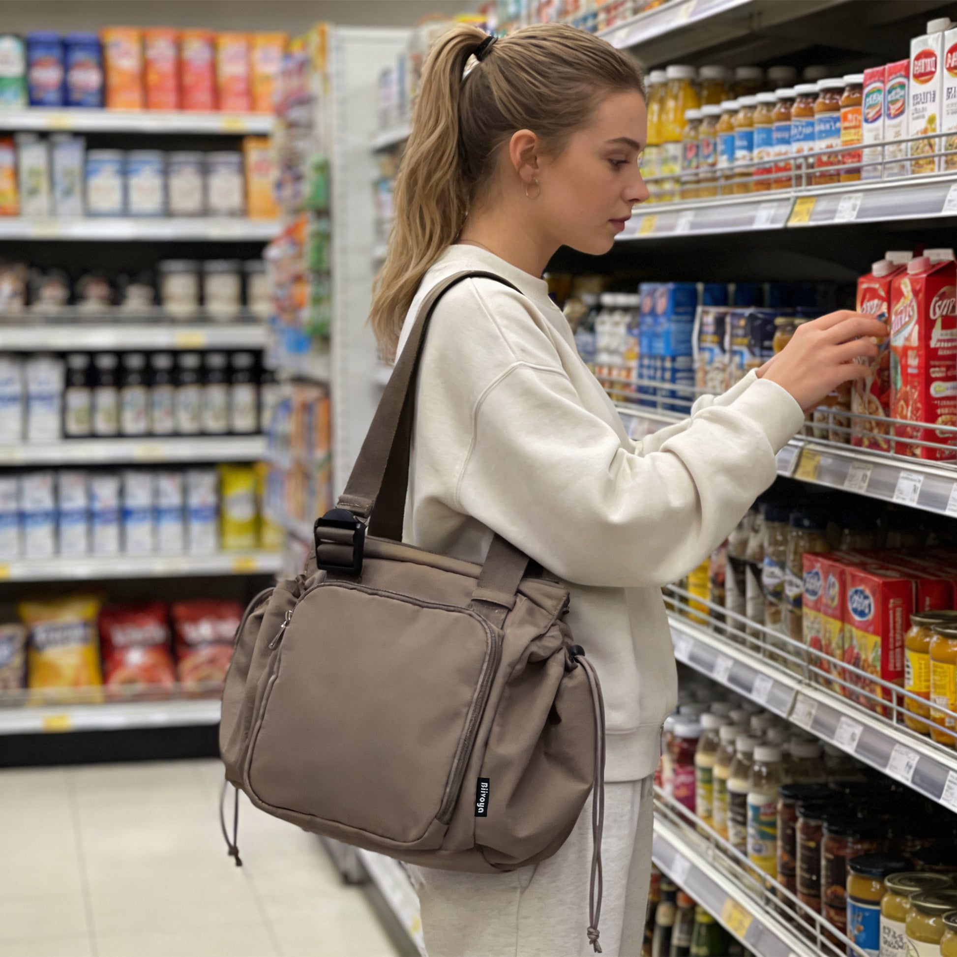 Woman shopping in a grocery store with a brown bag over her shoulder.