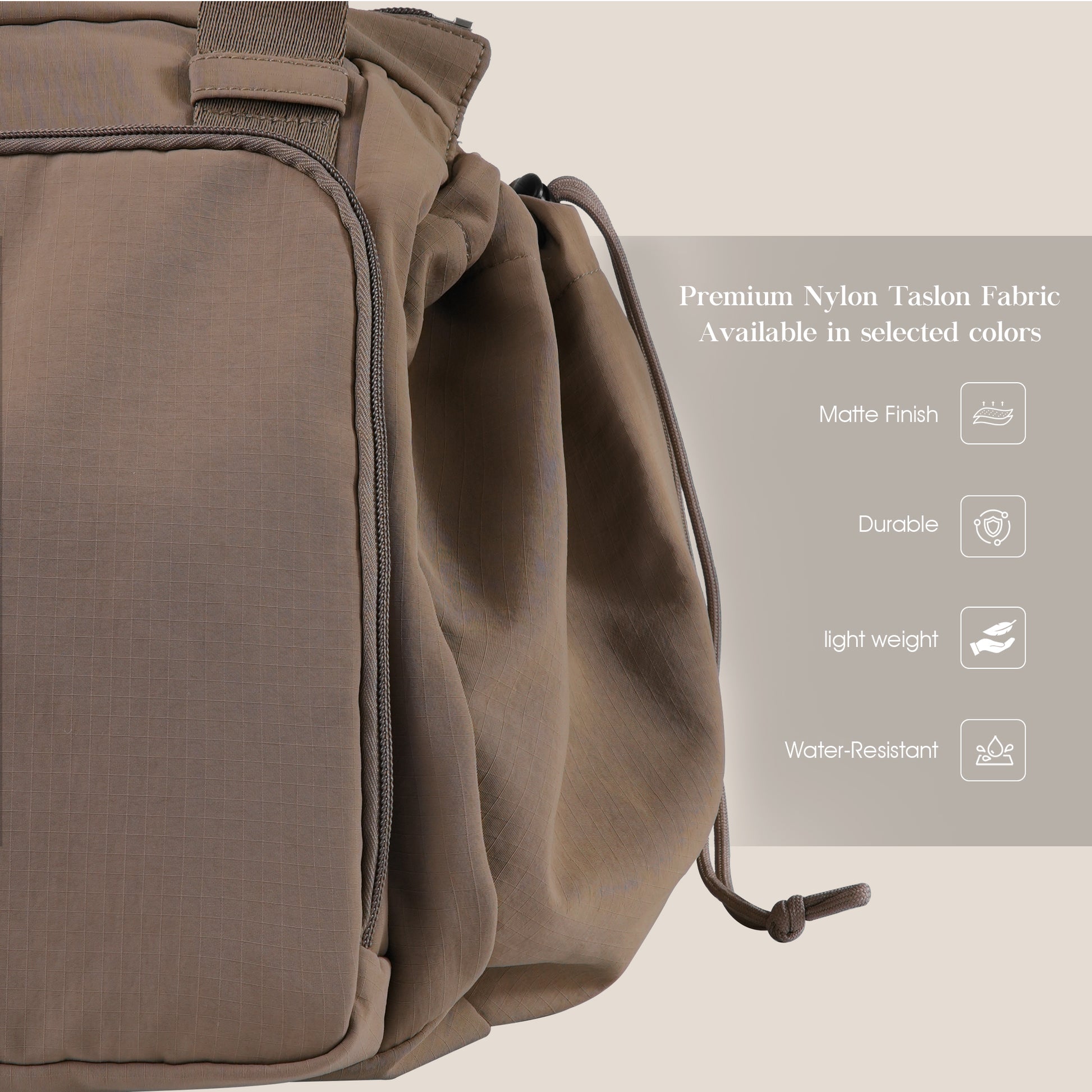 Brown bag with text about premium nylon taslon fabric on a beige background